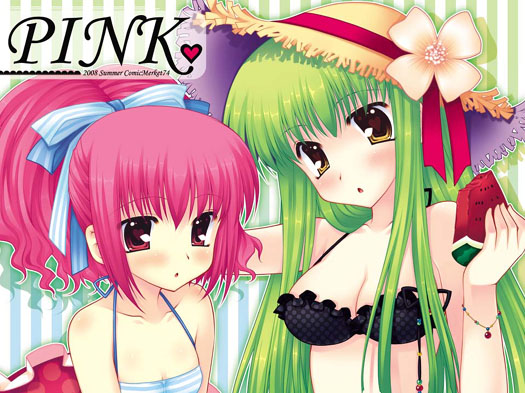 araiguma, anya alstreim, c.c., code geass, bad id, bad pixiv id, 00s, 2girls, bikini, food, frilled bikini, frills, fruit, green hair, hat, holding, holding food, holding fruit, holding watermelon, long hair, multiple girls, pink hair, ribbon, striped bikini, striped clothes, swimsuit, watermelon