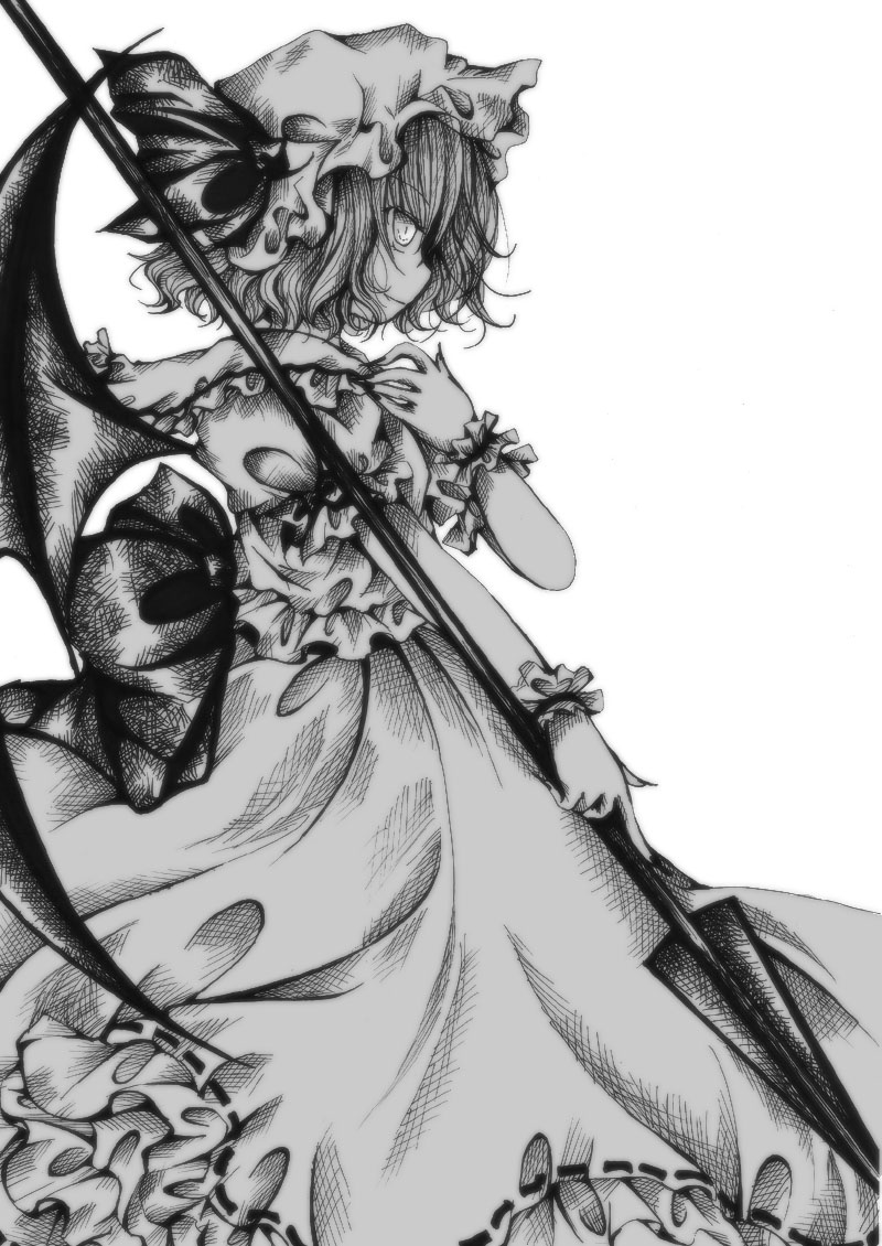 kasuga sunao, remilia scarlet, touhou, bad id, bad pixiv id, 1girl, female focus, greyscale, hat, monochrome, polearm, ribbon, short hair, solo, spear, spear the gungnir, weapon, white background, wings