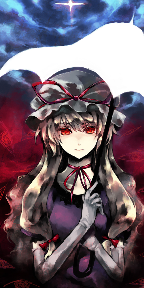 fori, yakumo yukari, touhou, bad id, bad pixiv id, 1girl, blonde hair, female focus, hat, long hair, outdoors, red eyes, ribbon, sky, solo, umbrella