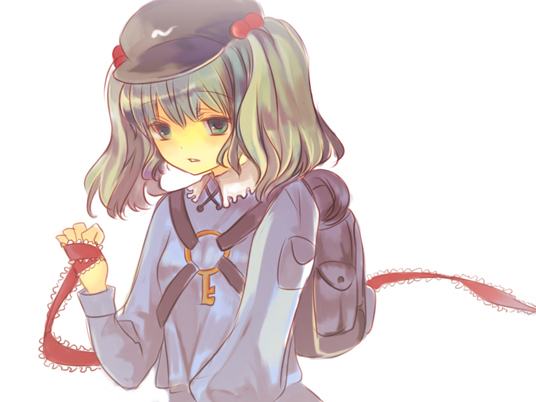 hina (pico), hina (pixiv), kawashiro nitori, touhou, bad id, bad pixiv id, 1girl, backpack, bag, female focus, hair bobbles, hair ornament, hat, randoseru, ribbon, short hair, solo, two side up
