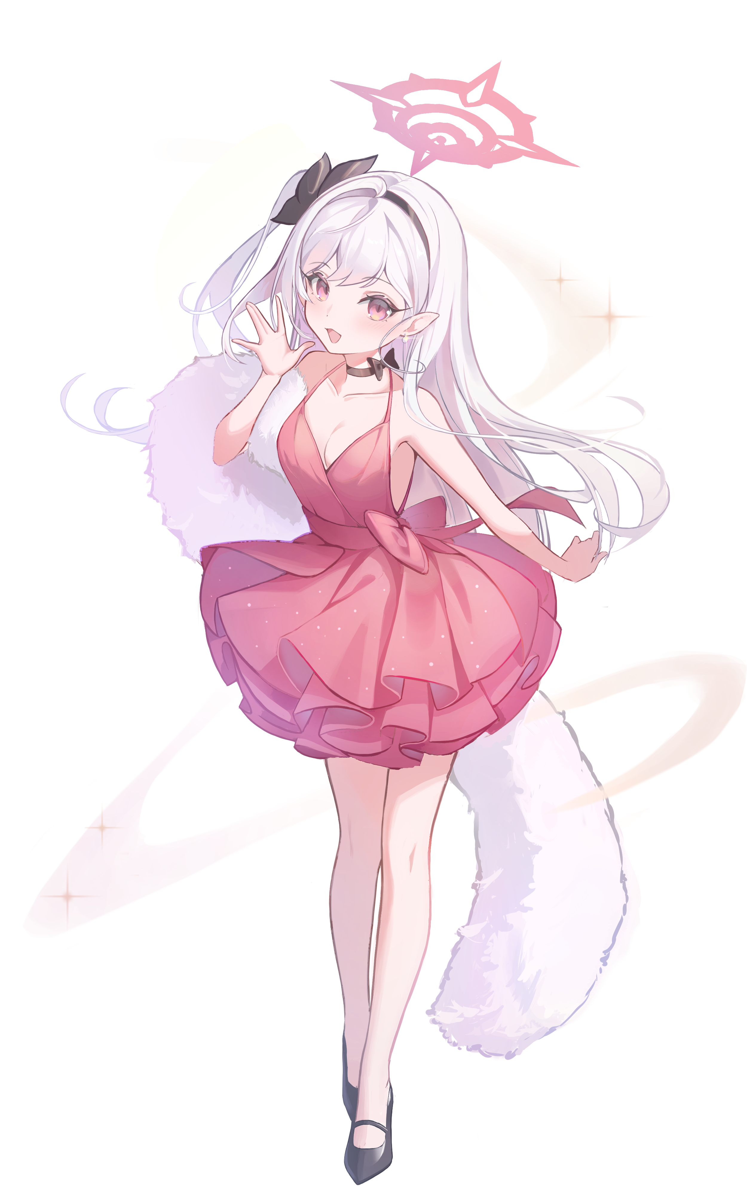 gyuromi158, mutsuki (blue archive), blue archive, absurdres, highres, 1girl, breasts, dress, full body, halo, long hair, looking at viewer, purple eyes, red dress, red eyes, red halo, small breasts, solo, standing, white hair
