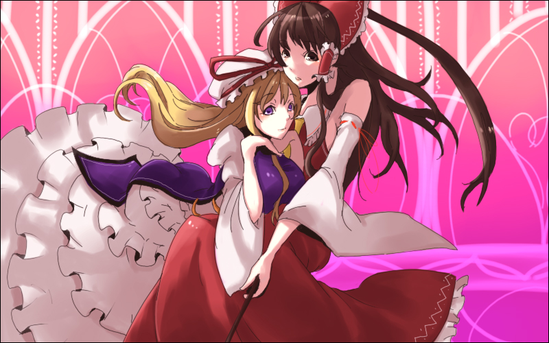 zen (pixiv), zen (raspberry), hakurei reimu, yakumo yukari, touhou, 2girls, female focus, hat, japanese clothes, long hair, miko, multiple girls, ribbon