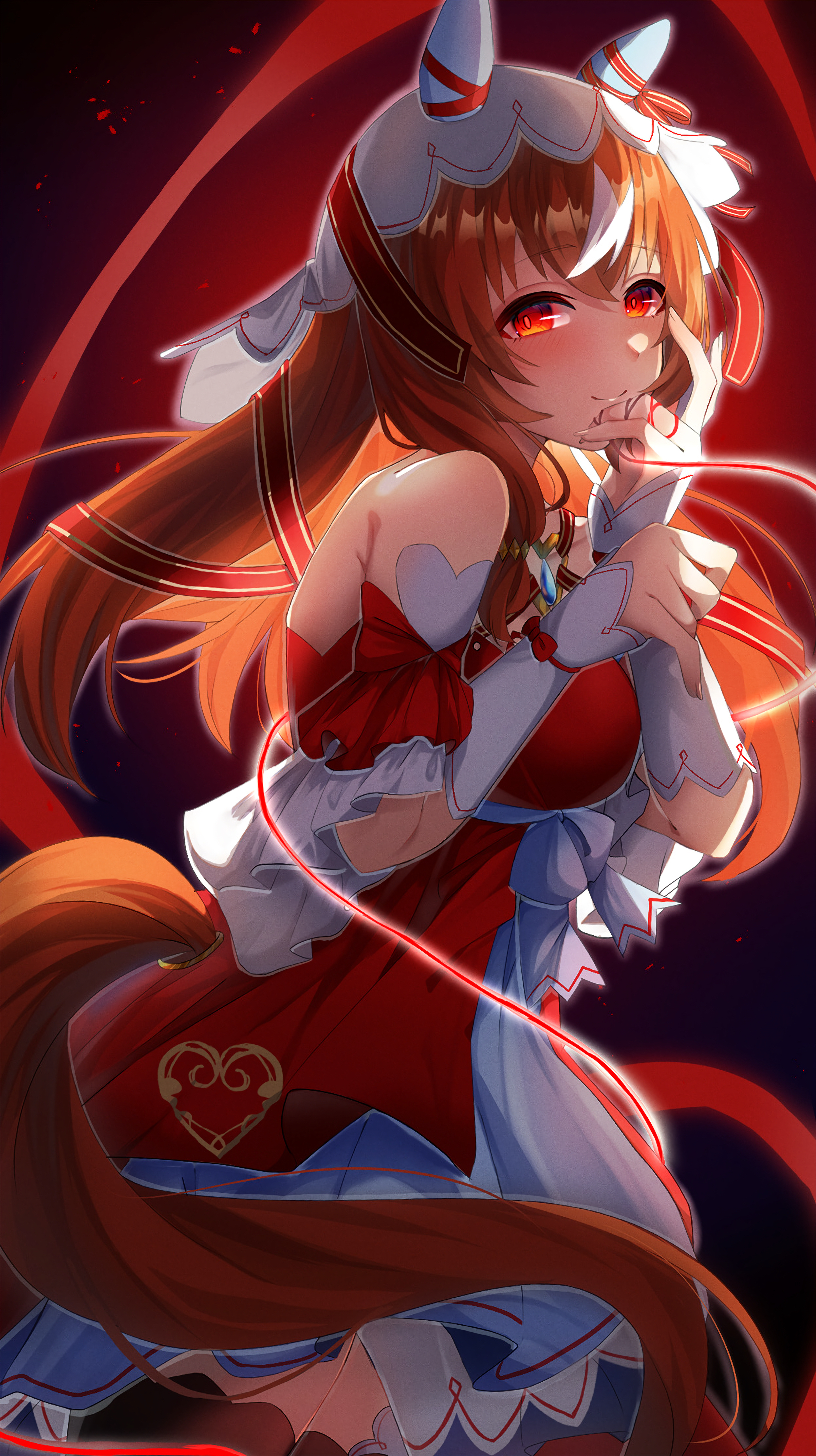 still in love (umamusume), umamusume, absurdres, highres, 1girl, animal ears, bare shoulders, blush, brown hair, brown tail, clothing cutout, dress, ear covers, fingernails, horse ears, horse girl, horse tail, long hair, looking at viewer, red dress, red eyes, red ribbon, ribbon, simple background, smile, solo, string, string of fate, tail, tail through clothes, two-tone dress, veil, white dress, white streaks, white veil, yume 30 31