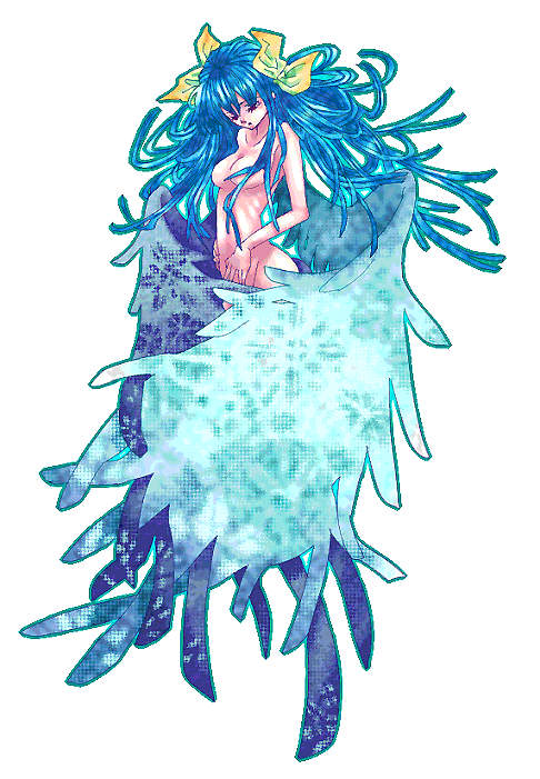 hiyohiyo (naga), dizzy (guilty gear), arc system works, guilty gear, 1girl, asymmetrical wings, blue hair, bow, female focus, hair bow, long hair, nude, ribbon, solo, wings