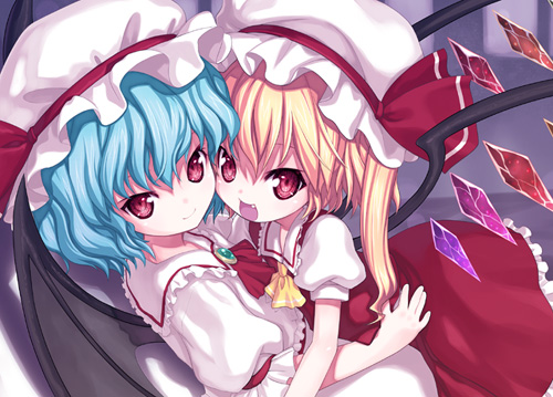 kiira, flandre scarlet, remilia scarlet, touhou, lowres, 2girls, female focus, multiple girls, siblings, sisters, wings