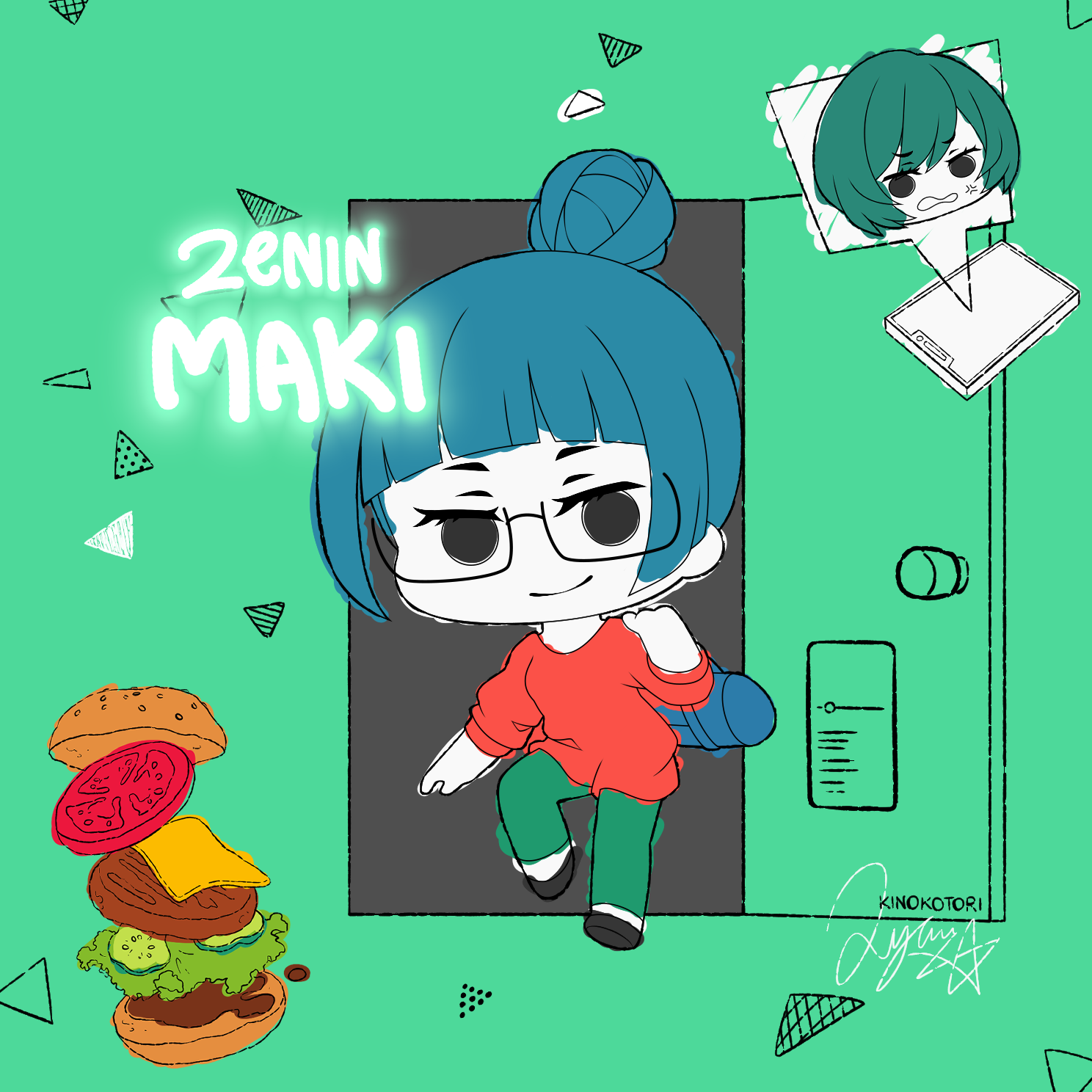 kinokorin, zen'in maki, jujutsu kaisen, commentary, highres, 1girl, black eyes, blue hair, burger, cellphone, character name, chibi, chibi only, doorway, food, full body, glasses, green pants, hair bun, long sleeves, looking at viewer, pants, partially colored, phone, red shirt, shirt, short hair, signature, single hair bun, smartphone, smile, solo, spoken character