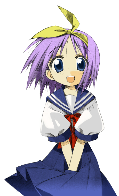 hiiragi tsukasa, lucky star, 00s, purple hair, school uniform, serafuku, short hair, solo