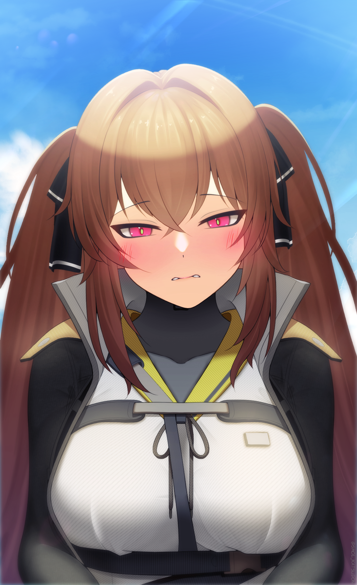 45sensei, lenna (girls' frontline 2), ump9 (girls' frontline), girls' frontline, girls' frontline 2: exilium, commentary, english commentary, highres, 1girl, black jacket, blue sky, blush, breasts, brown hair, cloud, green pupils, hair intakes, jacket, long hair, open clothes, open jacket, parted lips, red eyes, sailor collar, shirt, sky, solo, straight-on, twintails, upper body, white shirt, yellow sailor collar