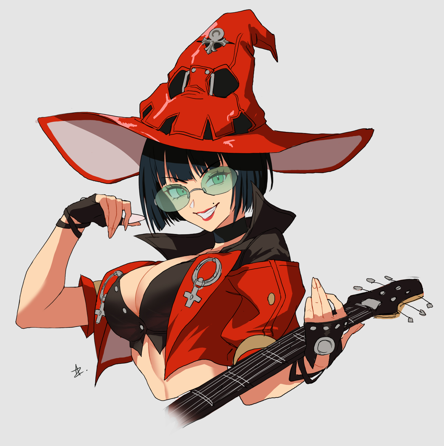 zedoraart, i-no, arc system works, guilty gear, guilty gear strive, highres, 1girl, black hair, breasts, choker, cleavage, fingerless gloves, gloves, green eyes, guitar, hat, instrument, large breasts, lipstick, looking at viewer, makeup, midriff, mole, mole above mouth, smile, solo, sunglasses, witch hat