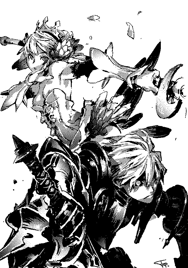 fcp, gwendolyn (odin sphere), oswald, odin sphere, 1boy, 1girl, armor, armored dress, dress, greyscale, monochrome, polearm, spear, strapless, strapless dress, sword, weapon