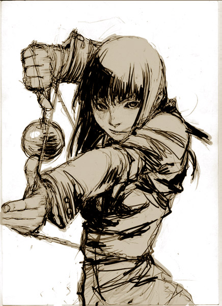 fcp, gogo yubari, yuubari gogo, kill bill, 1girl, brown theme, female focus, lips, monochrome, sketch, solo