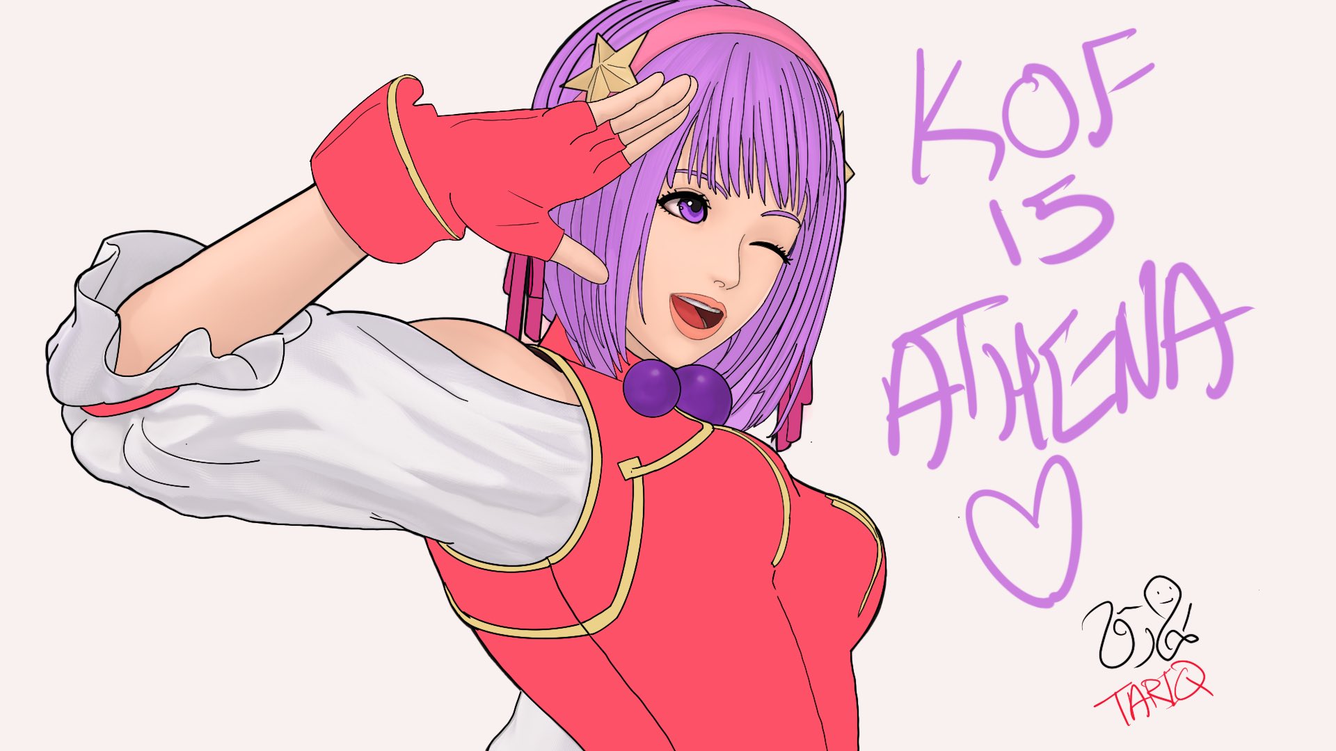 asamiya athena, snk, the king of fighters, the king of fighters xv, highres, 1girl, breasts, dress, female focus, gloves, hairband, hand up, heart, large breasts, one eye closed, open mouth, pale skin, purple eyes, purple hair, short hair, smile, smiley face, star (symbol), tariq shoryoken