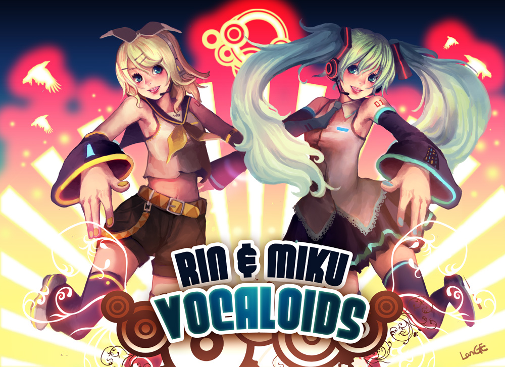 fcp, langewong, hatsune miku, kagamine rin, vocaloid, 2girls, :d, aqua hair, belt, black skirt, blonde hair, blue eyes, buckle, buttons, character name, detached sleeves, head tilt, leg up, long hair, long sleeves, looking at viewer, midriff, multiple girls, navel, open mouth, pleated skirt, sailor collar, school uniform, serafuku, short hair, short shorts, shorts, skirt, smile, standing, standing on one leg, stomach, twintails, very long hair