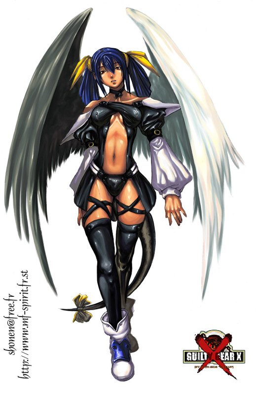shonensan, dizzy (guilty gear), arc system works, guilty gear, guilty gear x, 1girl, asymmetrical wings, choker, female focus, navel, red eyes, ribbon, solo, tail, tail ornament, tail ribbon, thighhighs, wings