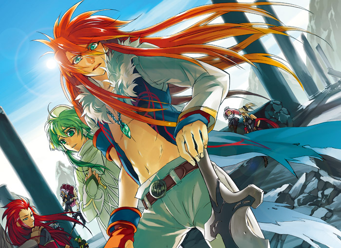 fujimura (marina), fujimura (pixiv43753), arietta (tales), asch (tales), dist, dist (tales), ion (tales), largo, largo (tales), legretta, legretta (tales), luke fon fabre, sync (tales), tales of (series), tales of the abyss, bad id, bad pixiv id, 00s, 2girls, 4boys, alternate costume, belt, hair tubes, jewelry, long hair, multicolored hair, multiple boys, multiple girls, necklace, official alternate costume, surcoat, sword, trap, two-tone hair, weapon