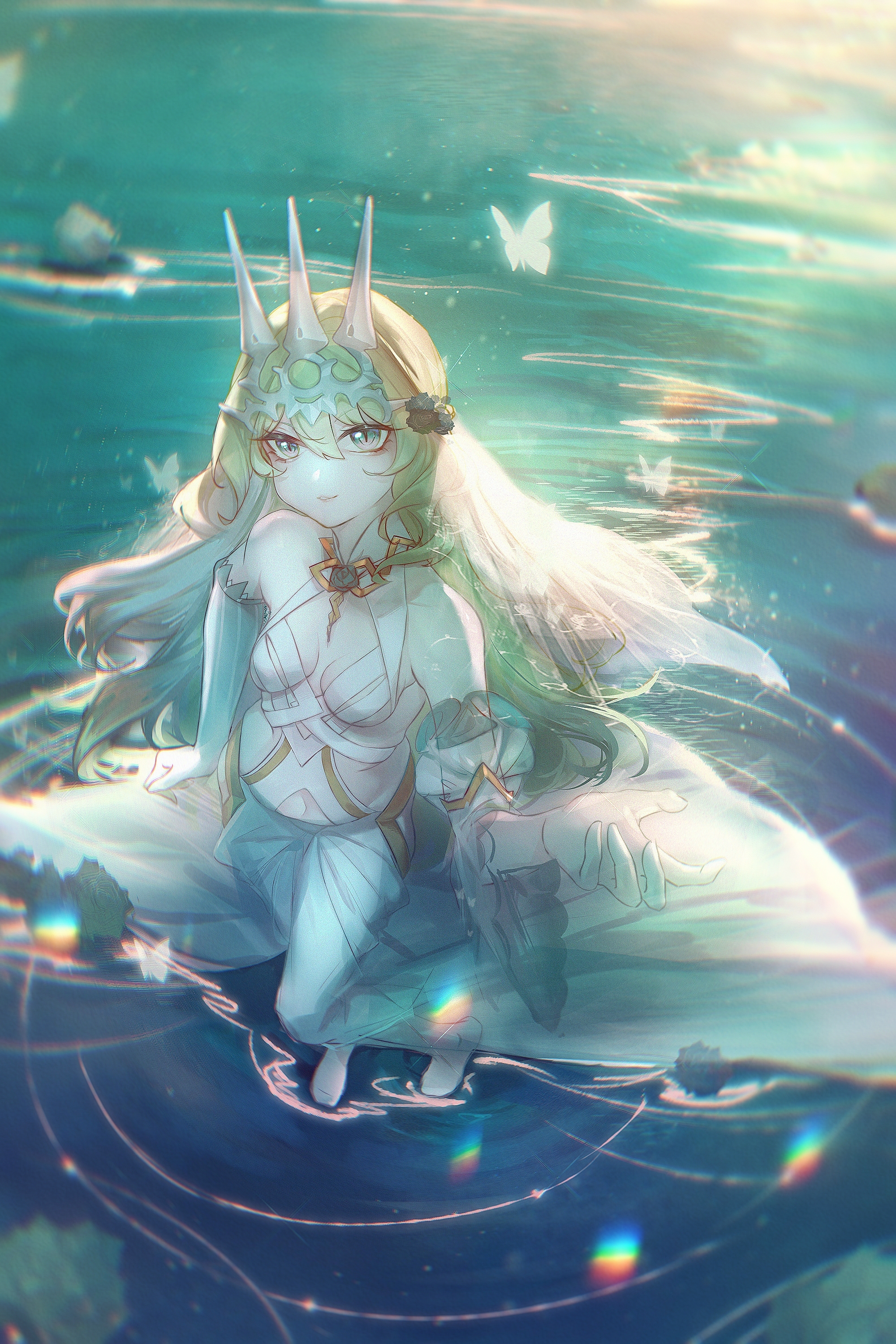hulai de gou sheng, mobius (honkai impact), honkai (series), honkai impact 3rd, absurdres, highres, 1girl, breasts, bug, butterfly, closed mouth, crown, dress, flower, full body, green eyes, green flower, green hair, hair flower, hair ornament, insect, long hair, looking at viewer, medium breasts, slit pupils, solo, wavy hair, white butterfly, white dress