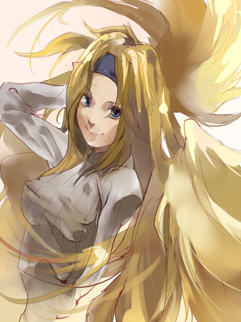 salada, millia rage, arc system works, guilty gear, 1girl, blonde hair, blue eyes, breasts, casual, female focus, headband, solo, standing, upper body