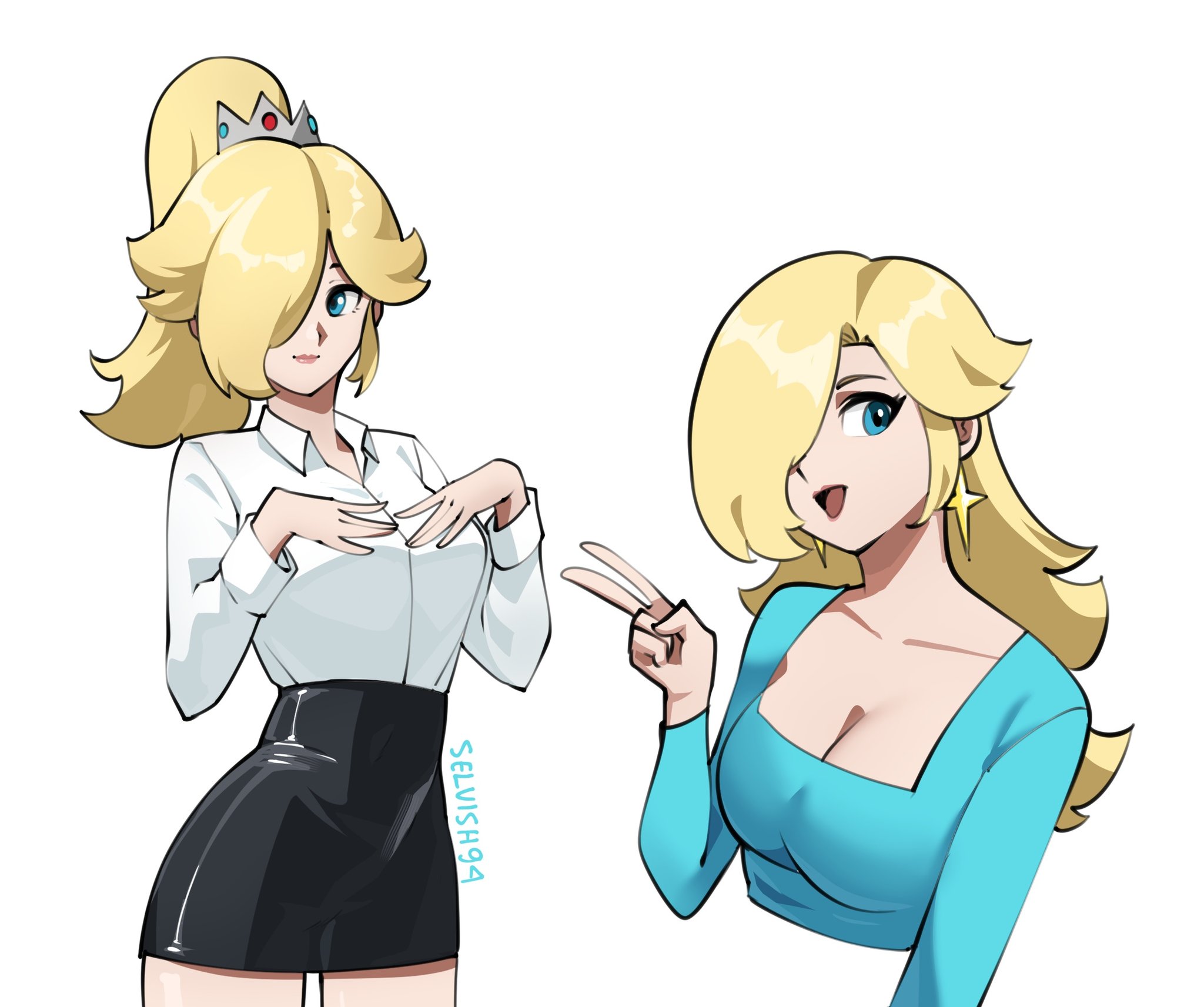 selvish94, rosalina, mario (series), nintendo, super mario galaxy, highres, black skirt, blue eyes, blue shirt, crown, earrings, grey crown, hair over one eye, jewelry, office lady, shirt, silver crown, skirt, white shirt
