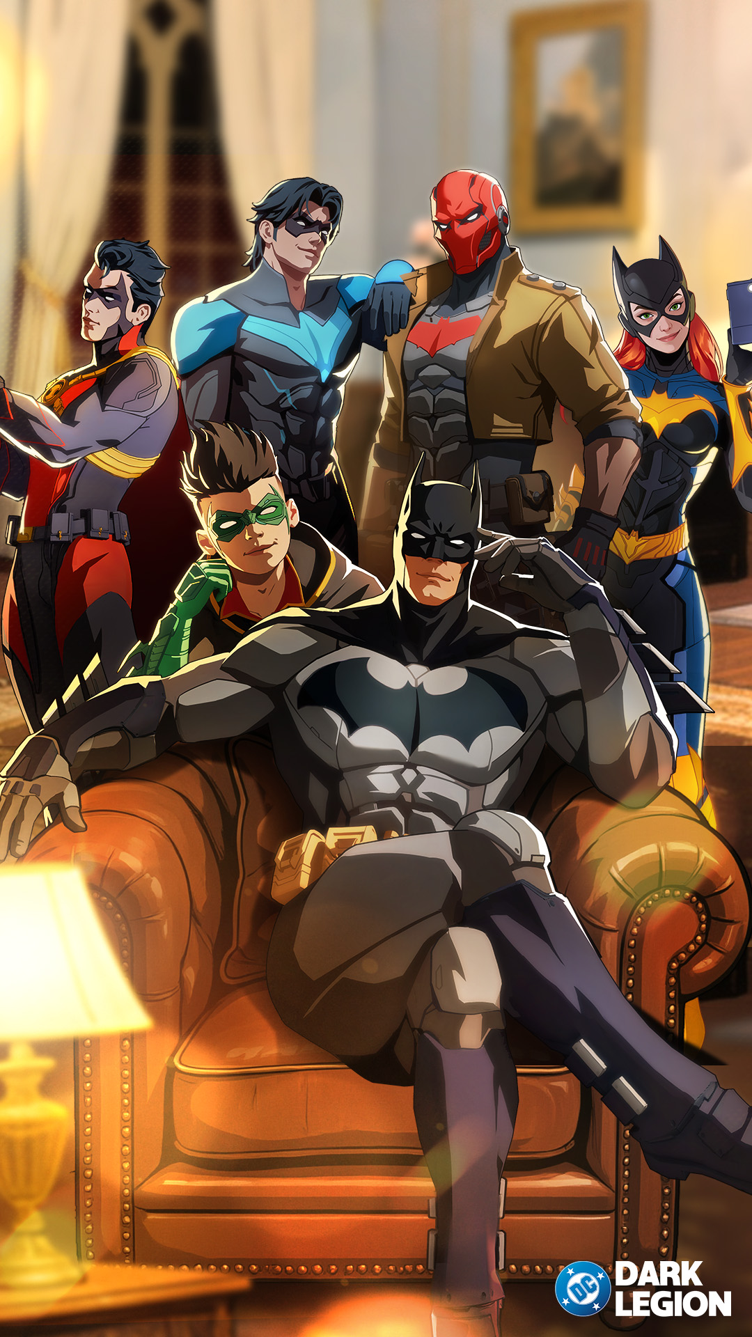 barbara gordon, batgirl, batman, bruce wayne, damian wayne, dick grayson, jason todd, nightwing, red hood (dc), robin (dc), tim drake, batman (series), dc comics, highres, official art, bat signal, batman symbol, black bodysuit, black cape, black gloves, black hair, blue bodysuit, bodysuit, brothers, brown jacket, cape, closed mouth, cowl, dc: dark legion, domino mask, family, gloves, grey bodysuit, jacket, large pectorals, mask, multiple boys, muscular, muscular male, open clothes, pants, pectorals, red mask, short hair, siblings, smile, superhero costume, taut bodysuit, two-tone bodysuit, yellow cape