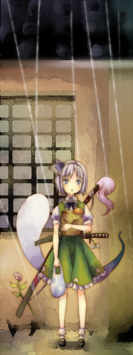 hidari (coletica), konpaku youmu, konpaku youmu (ghost), touhou, silver hair, bad id, bad pixiv id, 1girl, bag, bobby socks, female focus, flower, ghost, groceries, hitodama, katana, looking up, mary janes, no nose, paper bag, rain, ribbon, school uniform, serafuku, shoes, short hair, socks, solo, standing, sword, weapon