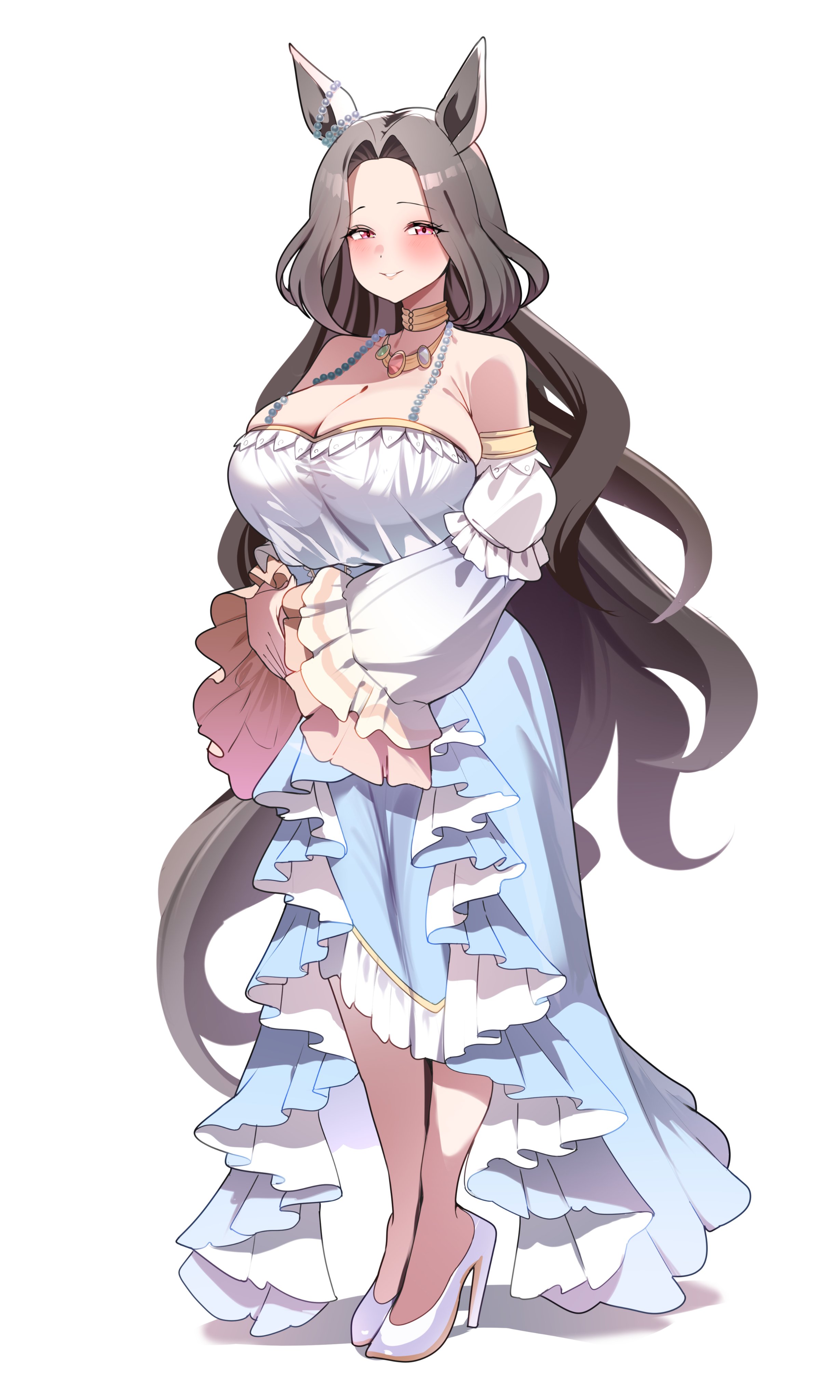 smoke klll, absurdres, character request, copyright request, highres, 1girl, animal ears, black hair, blue skirt, breasts, cleavage, detached sleeves, ear ornament, gradient hair, grey hair, high-waist skirt, high heels, horse ears, large breasts, long hair, multicolored hair, pink eyes, shadow, shoes, skirt, solo, white background, white shoes, white sleeves