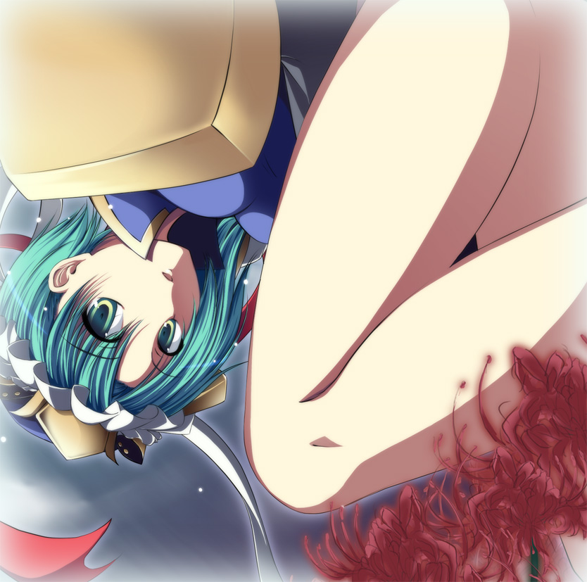nagami yuu, shiki eiki, touhou, 1girl, female focus, flower, gradient background, green hair, grey background, hat, legs, plant, red flower, ribbon, short hair, solo, spider lily