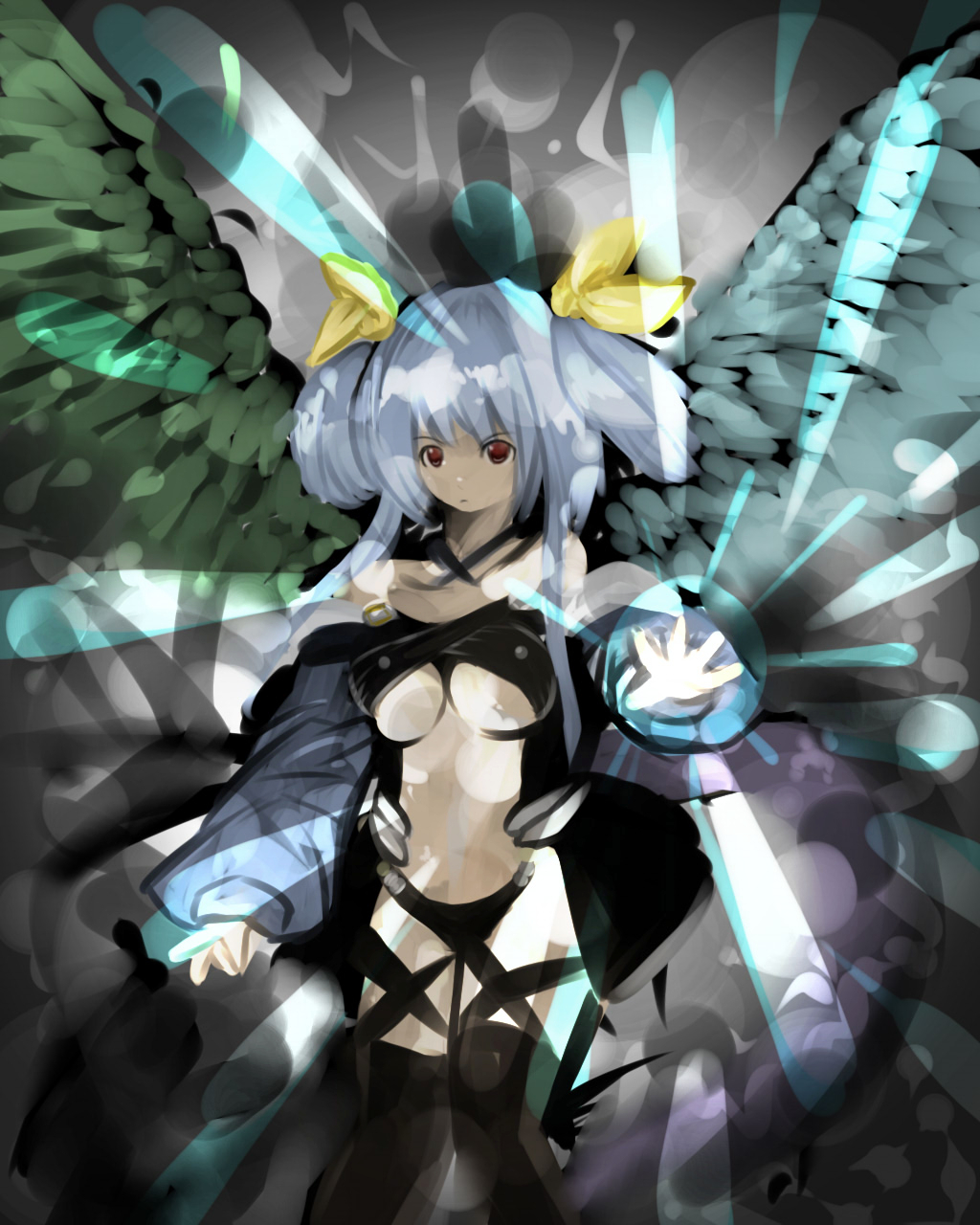 kamiku, koyama (gantz0409jp), dizzy (guilty gear), arc system works, guilty gear, highres, 1girl, asymmetrical wings, blue hair, bow, female focus, hair bow, long hair, red eyes, ribbon, solo, thighhighs, wings