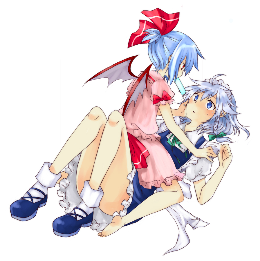 miya (tsumazukanai), izayoi sakuya, remilia scarlet, touhou, silver hair, bad id, bad pixiv id, 2girls, barefoot, blue hair, dress, female focus, ice, maid, mouth hold, multiple girls, ribbon, short hair, simple background, white background, wings, yuri