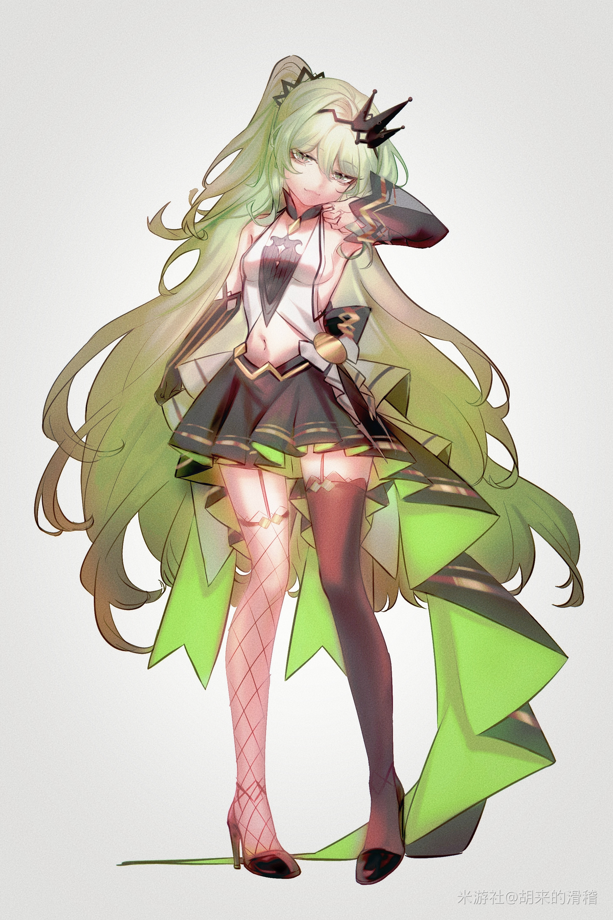 hulai de gou sheng, mobius (honkai impact), honkai (series), honkai impact 3rd, absurdres, highres, 1girl, asymmetrical legwear, black gloves, black skirt, black sleeves, black thighhighs, breasts, closed mouth, clothing cutout, fishnet thighhighs, fishnets, full body, gloves, green eyes, green hair, grey background, high heels, medium breasts, mismatched legwear, navel, navel cutout, simple background, single glove, single sleeve, skirt, slit pupils, solo, thighhighs, wavy hair