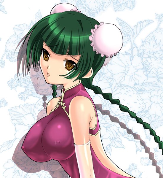 kafurukawa tarou, kakogawa tarou, wang liu mei, gundam, gundam 00, jpeg artifacts, 00s, 1girl, braid, breasts, bun cover, china dress, chinese clothes, covered erect nipples, double bun, dress, elbow gloves, female focus, gloves, green hair, hair bun, large breasts, long hair, solo, twin braids, yellow eyes