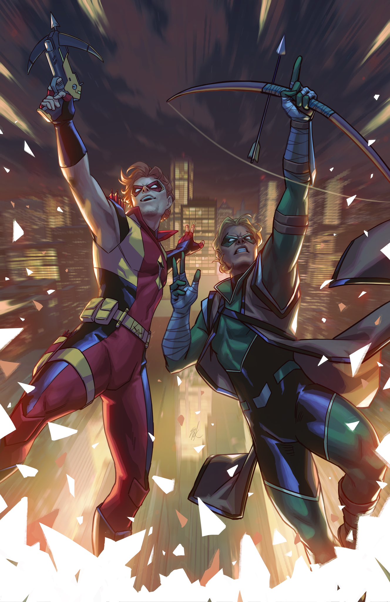 ejikure, arsenal (dc), green arrow, oliver queen, roy harper, dc comics, green arrow (series), highres, 2boys, aiming, black bodysuit, black gloves, blonde hair, bodysuit, bow (weapon), brown coat, city, coat, crossbow, domino mask, fingerless gloves, gloves, green bodysuit, green mask, holding, holding bow (weapon), holding crossbow, holding weapon, mask, multiple boys, open clothes, open coat, orange hair, outdoors, red bodysuit, red mask, two-tone bodysuit, weapon