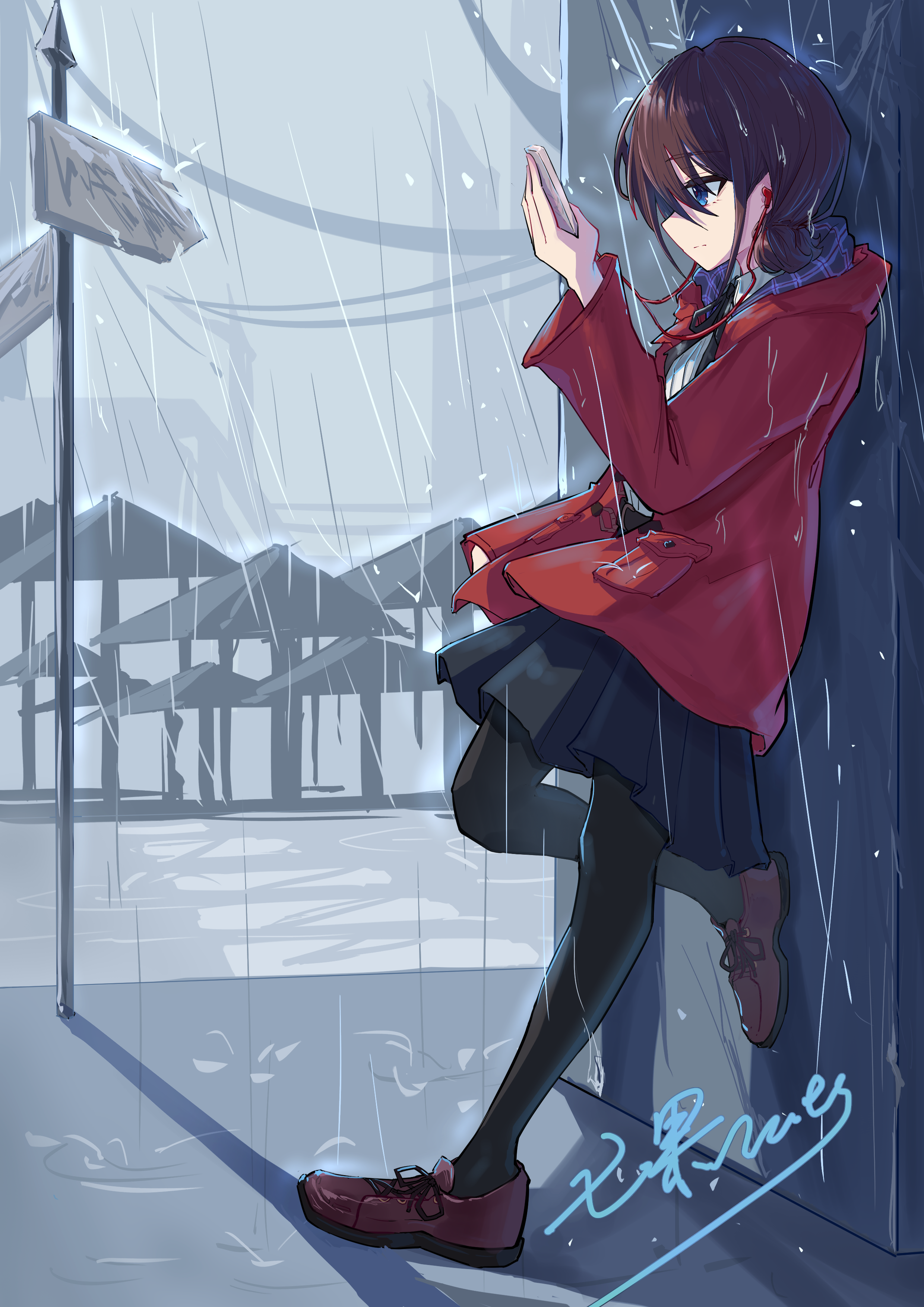 iseri nina, girls band cry, original, absurdres, highres, 1girl, black pantyhose, blue eyes, brown hair, coat, earphones, holding, holding phone, leaning back, nutsumi47, pantyhose, phone, rain, red coat