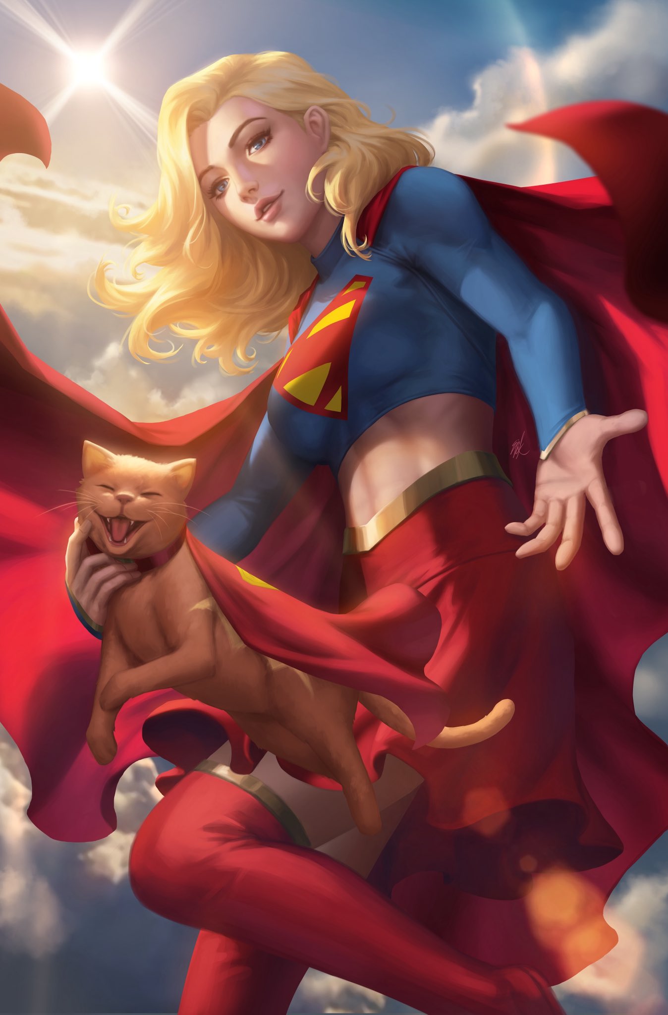 ejikure, streaky the supercat, supergirl, dc comics, superman (series), highres, 1girl, blonde hair, blue eyes, blue shirt, blue sky, boots, cape, cloud, crop top, day, gold trim, logo print, long hair, looking at viewer, open mouth, outdoors, print shirt, red boots, red cape, red skirt, shirt, skirt, sky, superman logo, thigh boots