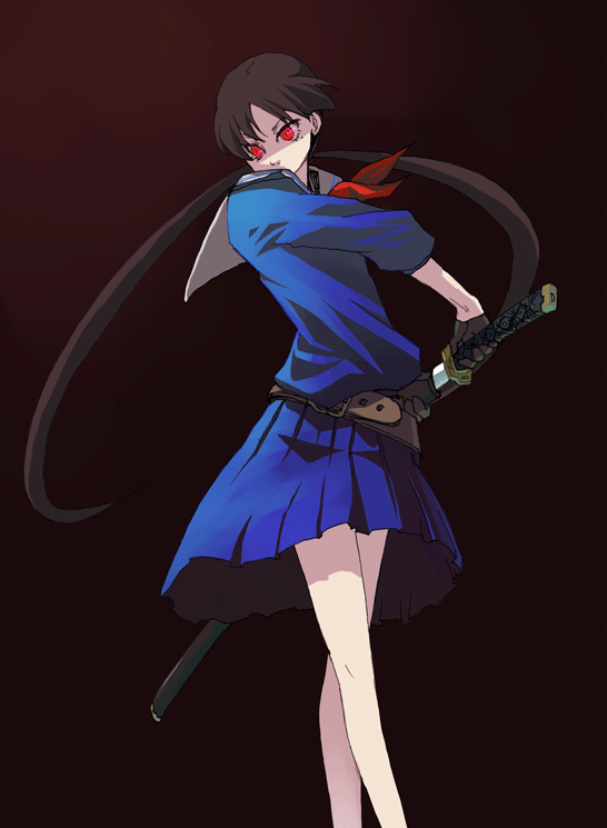 saki (oneechanbara), oneechanbara, saki (manga), 00s, belt, black hair, katana, red eyes, school uniform, serafuku, skirt, solo, sword, twintails, weapon