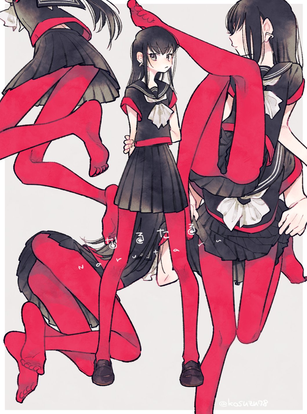 mitsubachi koucha, koga norio, narutaru, highres, 1boy, androgynous, black hair, black serafuku, brown eyes, brown hair, closed mouth, crossdressing, crossdressing (mtf), earrings, feet, full body, jewelry, legs, long hair, looking at viewer, male focus, no shoes, pantyhose, red pantyhose, school uniform, serafuku, solo, trap