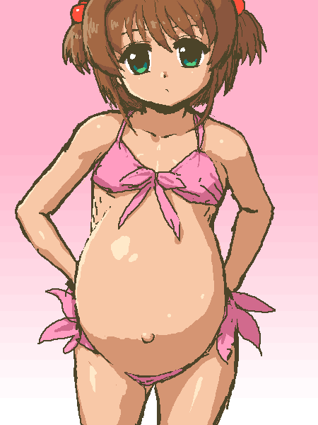 tenseiani, kinomoto sakura, cardcaptor sakura, 1990s (style), 1girl, bikini, breasts, brown hair, female focus, gradient background, green eyes, hair bobbles, hair ornament, loli, looking at viewer, pink background, pregnant, retro artstyle, short hair, simple background, small breasts, solo, solo focus, swimsuit