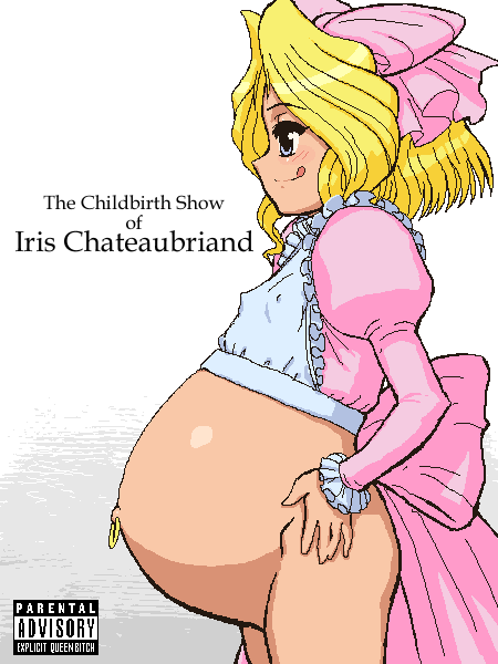 tenseiani, iris chateaubriand, sakura taisen, 00s, :q, blonde hair, blue eyes, bottomless, bow, english text, flat chest, hair bow, loli, navel piercing, parental advisory, piercing, pink bow, pregnant, ribbon, short hair, simple background, solo, tongue, tongue out