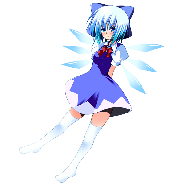 dagu, cirno, embodiment of scarlet devil, touhou, bad id, bad pixiv id, 1girl, blue hair, bow, female focus, ribbon, short hair, solo, thighhighs, wings