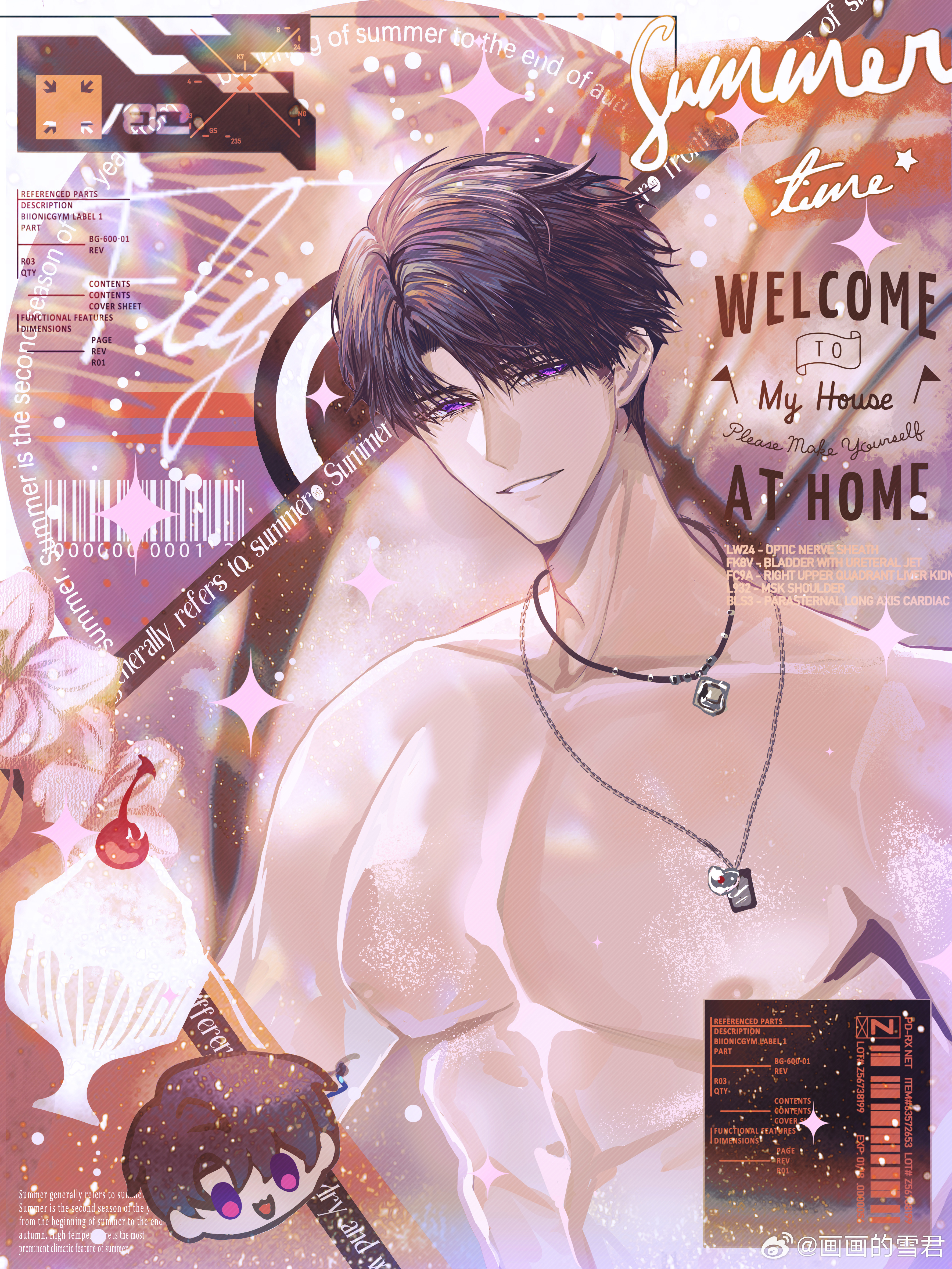 snow234, caleb (love and deepspace), love and deepspace, absurdres, chinese commentary, highres, 1boy, abs, barcode, black hair, border, cd, cherry, chibi, chibi inset, cup, curtained hair, english text, flower, food, fruit, hair between eyes, ice cream, jewelry, looking at viewer, male focus, nipples, orange border, parted lips, pectorals, pendant, pink flower, purple eyes, short hair, smile, solo, sparkle, surfboard, toned, toned male, topless male, upper body, watermark, weibo watermark