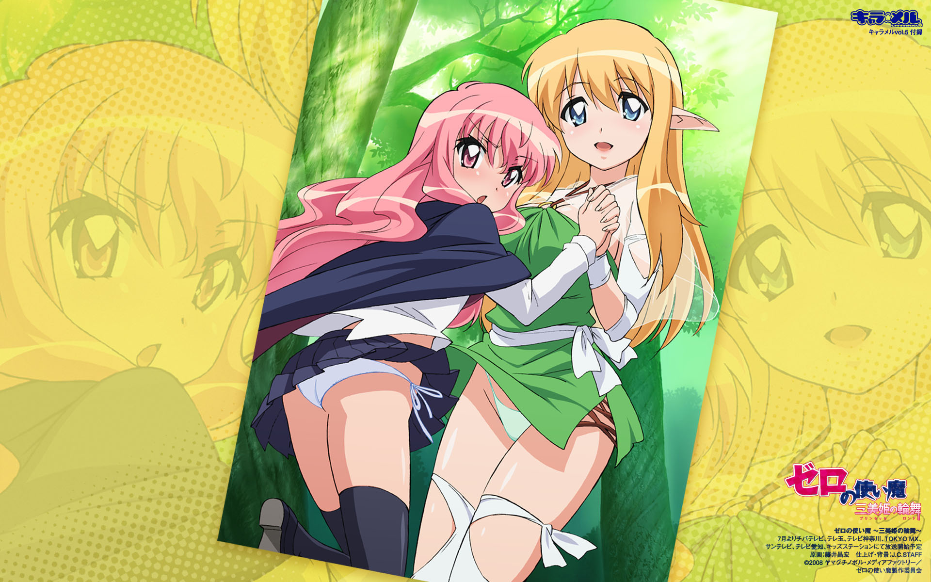 fujii masahiro, louise francoise le blanc de la valliere, tiffania westwood, charamel, zero no tsukaima, highres, 00s, 2girls, aqua eyes, blonde hair, blue panties, elf, green panties, long hair, multiple girls, panties, pink eyes, pink hair, pointy ears, side-tie panties, underwear