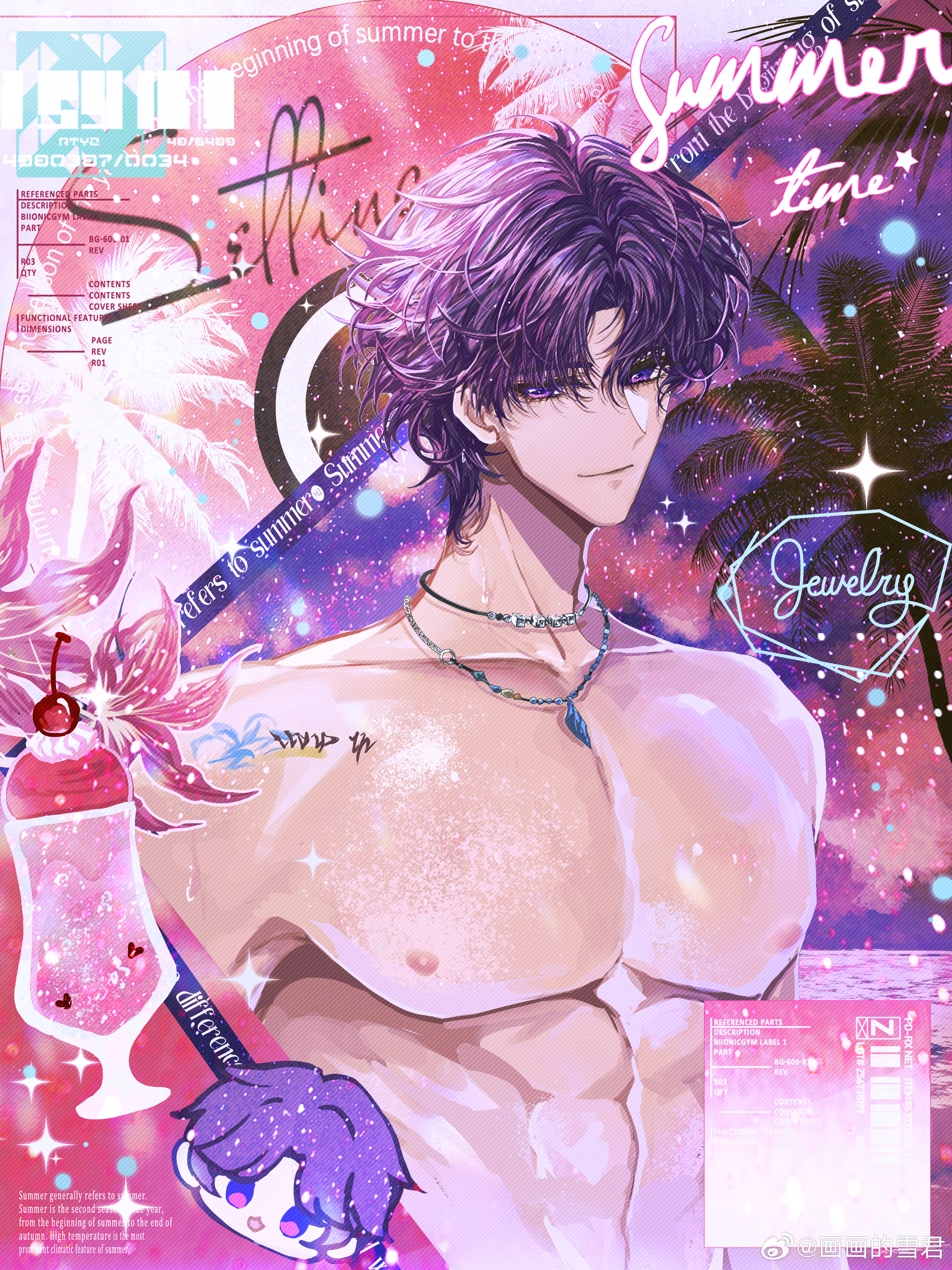 snow234, rafayel (love and deepspace), love and deepspace, absurdres, chinese commentary, highres, 1boy, abs, barcode, bead necklace, beads, border, cd, cherry, chibi, chibi inset, choker, closed mouth, cup, drinking glass, english text, flower, food, fruit, ice cream, ice cream float, jewelry, lily (flower), looking at viewer, male focus, multiple necklaces, necklace, nipples, ocean, palm tree, parted bangs, pectorals, pendant, pink border, pink flower, purple eyes, purple hair, purple sky, short hair, sideways glance, sky, smile, soda, solo, sparkle, star (sky), starry sky, toned, toned male, topless male, tree, upper body, water drop, watermark, weibo watermark
