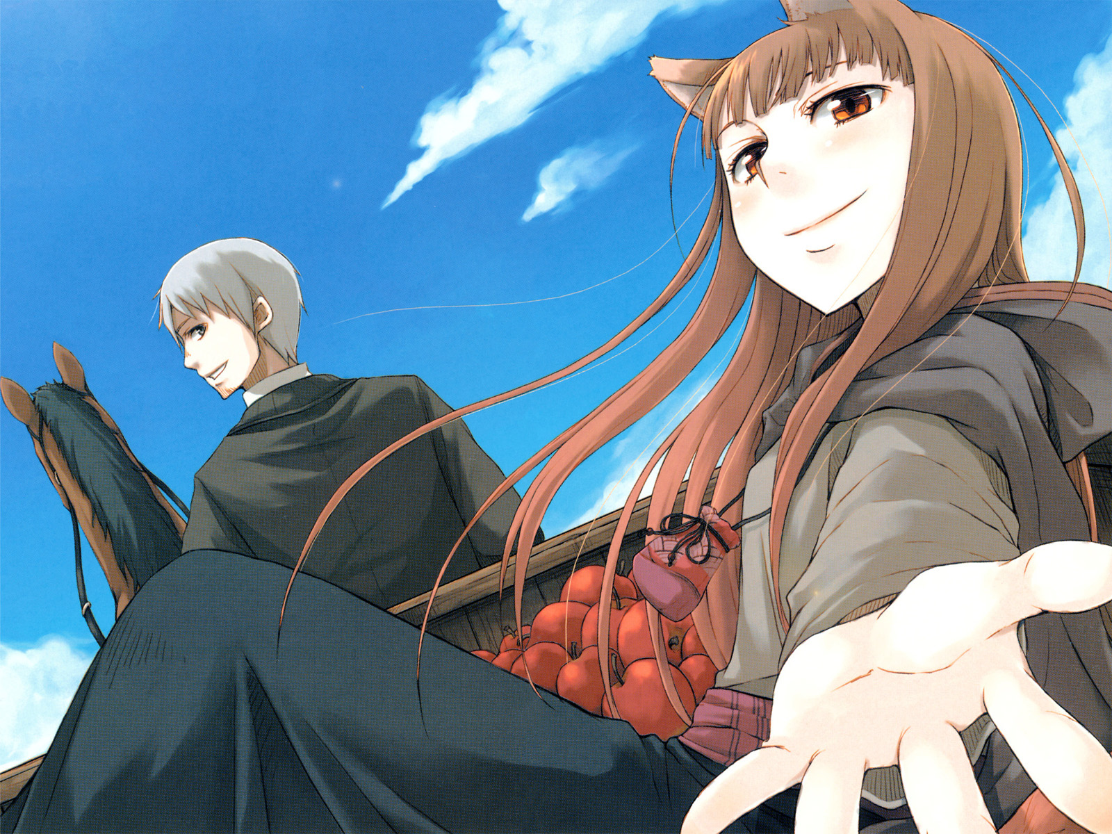 ayakura juu, craft lawrence, holo, spice and wolf, highres, official art, scan, scan artifacts, 00s, 1boy, 1girl, animal ears, apple, back, blunt bangs, blush, breasts, cloak, closed mouth, cloud, day, dutch angle, food, foreshortening, from behind, from side, fruit, gradient hair, grey eyes, grey hair, grin, harness, hood, hood down, horse, jacket, jewelry, knee up, leaning back, light smile, long hair, long sleeves, looking at viewer, looking back, multicolored hair, necklace, orange eyes, outdoors, outstretched arm, outstretched hand, pink hair, profile, reaching, sash, short hair, sitting, skirt, sky, small breasts, smile, wagon, wolf ears