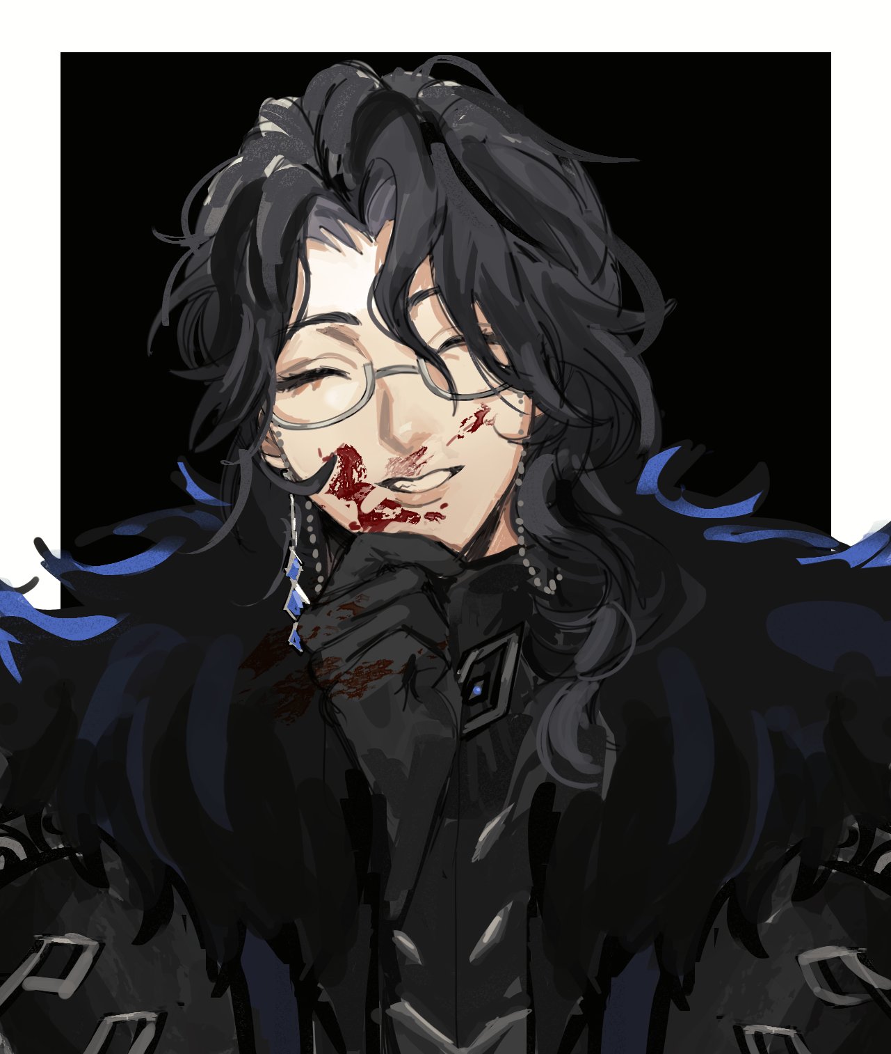 riki0928, pantalone (genshin impact), genshin impact, highres, 1boy, black background, black coat, black hair, black shirt, blood, blood on face, border, closed eyes, coat, earrings, fur-trimmed coat, fur trim, glasses, grin, hand on own chin, high collar, jewelry, lips, long hair, male focus, semi-rimless eyewear, shirt, simple background, smile, solo, stroking own chin, teeth, upper body, wavy hair, white border