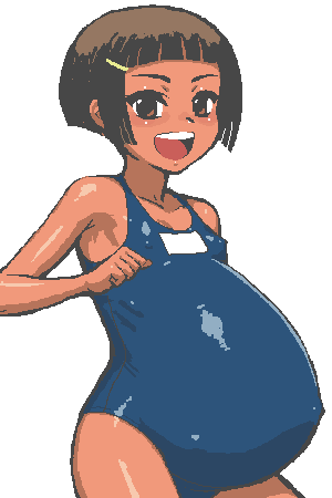tenseiani, lowres, 1girl, female focus, flat chest, loli, one-piece swimsuit, open mouth, pregnant, school swimsuit, short hair, simple background, smile, solo, swimsuit, white background