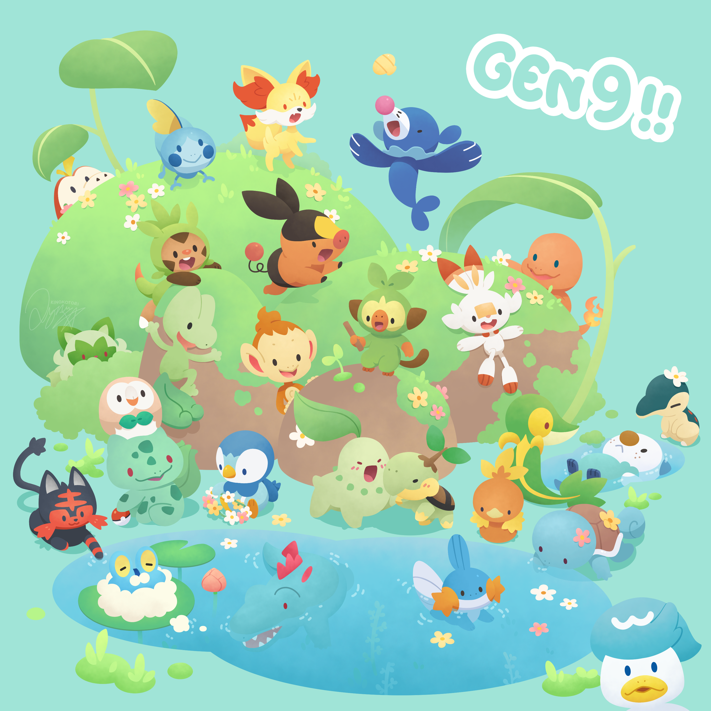 kinokorin, bulbasaur, charmander, chespin, chikorita, chimchar, cyndaquil, fennekin, froakie, fuecoco, grookey, litten, mudkip, oshawott, piplup, popplio, quaxly, rowlet, scorbunny, snivy, sobble, sprigatito, squirtle, tepig, torchic, totodile, treecko, turtwig, nintendo, pokemon, absurdres, commentary request, highres, afloat, black eyes, flower, flower on head, gen 1 pokemon, gen 2 pokemon, gen 3 pokemon, gen 4 pokemon, gen 5 pokemon, gen 6 pokemon, gen 7 pokemon, gen 8 pokemon, lily pad, lying, no humans, on back, open mouth, pink flower, poke ball, poke ball (basic), pokemon (creature), red eyes, shell, smile, solid oval eyes, swimming, white flower, yellow flower