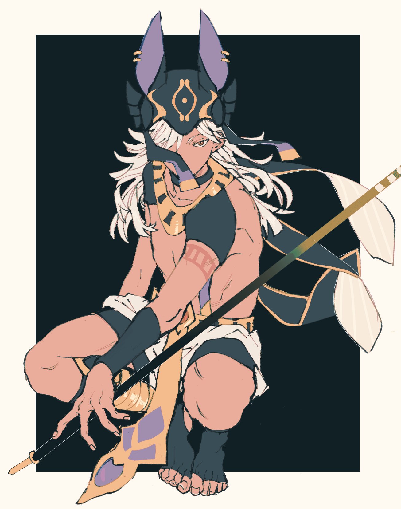 riki0928, cyno (genshin impact), genshin impact, highres, 1boy, ancient egyptian clothes, animal ears, animal ears helmet, animal hat, animal helmet, black background, black helmet, black shorts, black shrug, border, brown eyes, dark-skinned male, dark skin, full body, hair over one eye, hat, helmet, holding, holding polearm, holding weapon, jackal ears, long hair, looking ahead, looking at viewer, polearm, shorts, shrug (clothing), simple background, slit pupils, solo, squatting, usekh collar, weapon, white border, white hair, white loincloth