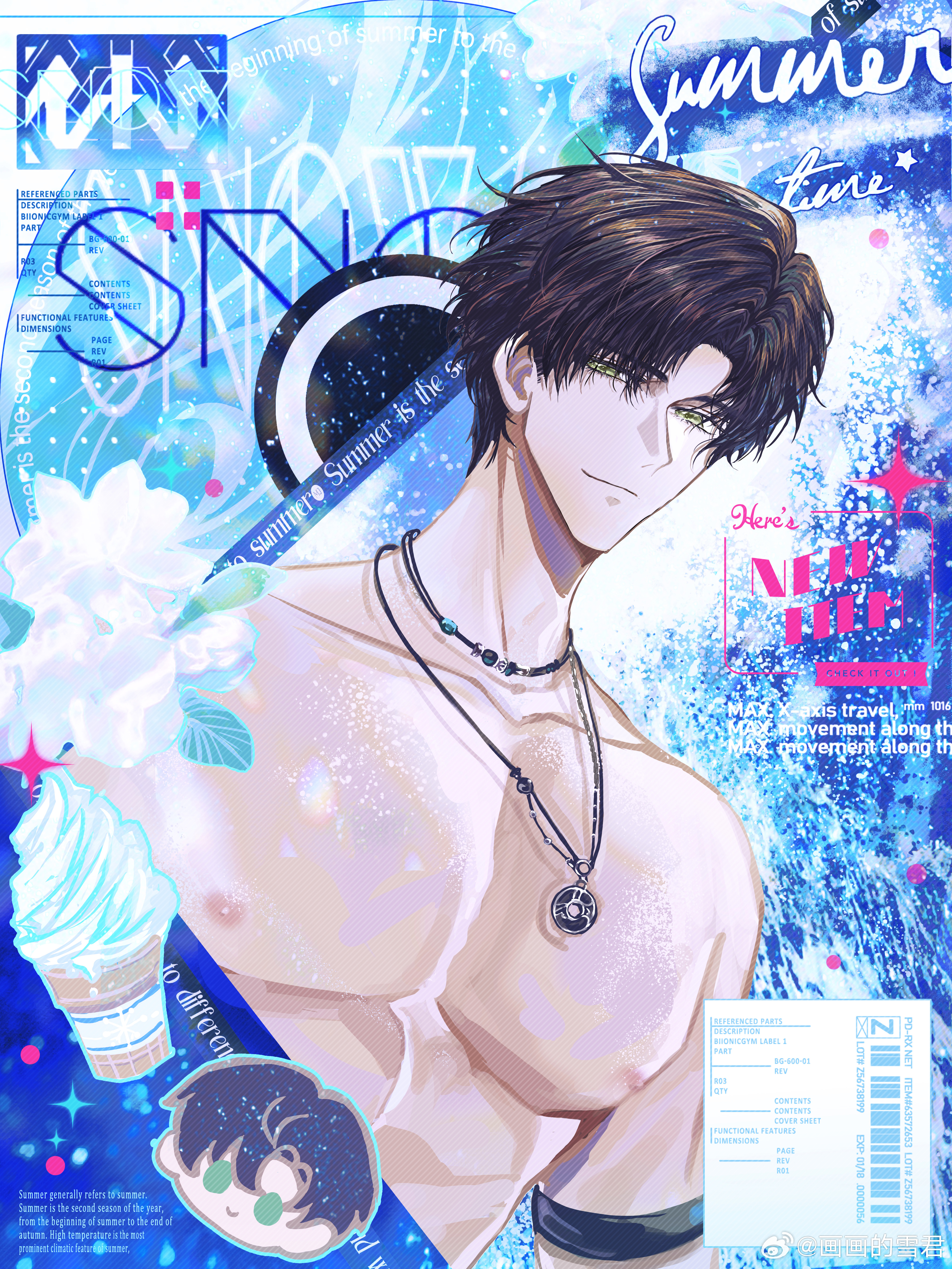 snow234, zayne (love and deepspace), love and deepspace, absurdres, chinese commentary, highres, 1boy, abs, arm strap, barcode, black hair, blue border, border, cd, chibi, chibi inset, choker, closed mouth, curtained hair, english text, flower, food, green eyes, ice cream, ice cream cone, jasmine (flower), jewelry, looking at viewer, male focus, nipples, parted bangs, pectorals, pendant, short hair, smile, soft serve, solo, sparkle, toned, toned male, topless male, upper body, watermark, waves, weibo watermark, white flower
