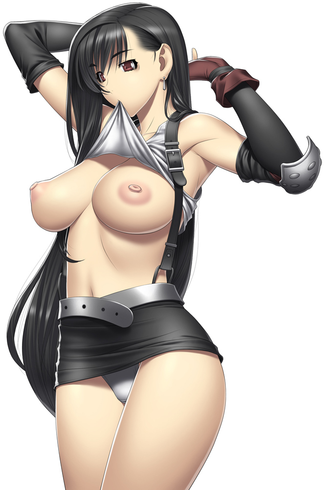 kansuke, tifa lockhart, final fantasy, final fantasy vii, 1990s (style), 1girl, adjusting hair, armpits, black hair, breasts, clothes lift, earrings, elbow gloves, female focus, gloves, jewelry, large breasts, long hair, miniskirt, mouth hold, nipples, panties, pantyshot, pencil skirt, perky breasts, red eyes, retro artstyle, shirt lift, skirt, solo, suspender skirt, suspenders, underwear, upskirt, white panties