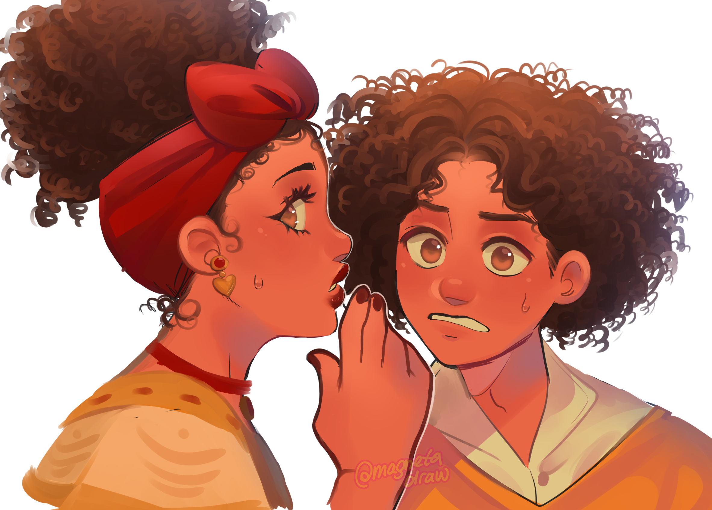 camilo madrigal, dolores madrigal, encanto, highres, 1boy, 1girl, afro, bow, brown eyes, brown hair, choker, colombian clothes, curly hair, dark-skinned female, dark-skinned male, dark skin, earrings, hair bow, heart, heart earrings, jewelry, magnetadraw, red bow, shirt, short hair, simple background, yellow poncho