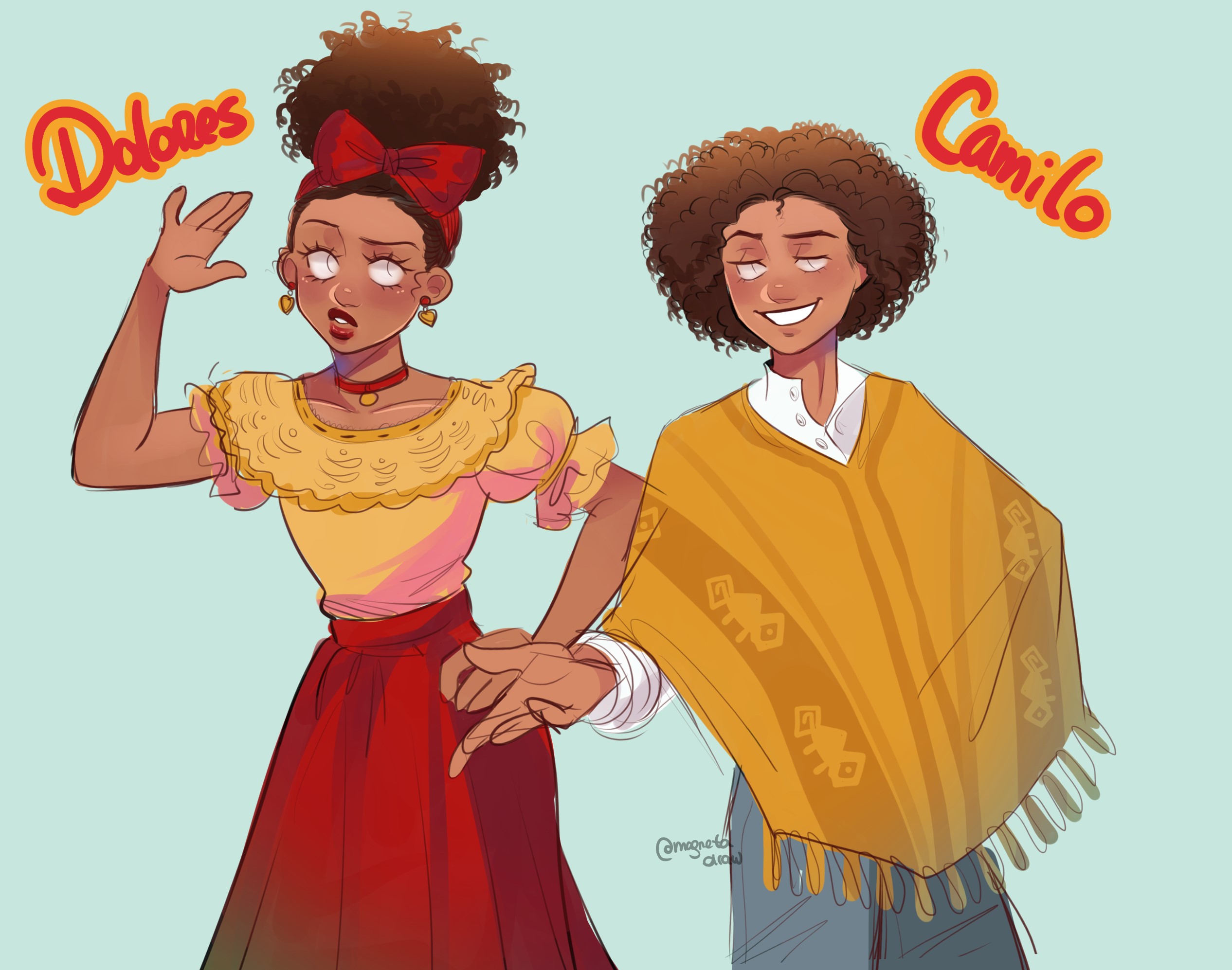 camilo madrigal, dolores madrigal, encanto, highres, 1boy, 1girl, afro, bow, brown eyes, brown hair, choker, colombian clothes, curly hair, dark-skinned female, dark-skinned male, dark skin, earrings, hair bow, heart, heart earrings, jewelry, magnetadraw, red bow, shirt, short hair, simple background, yellow poncho